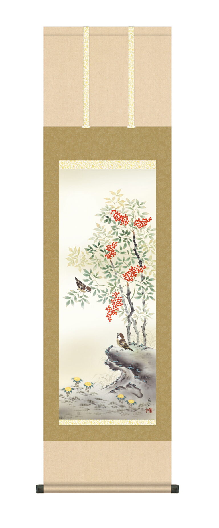 花鳥画 掛け軸 掛軸 かけじく【花鳥画】南天福寿（高見 蘭石）【尺三】 冬掛け 雀 南天