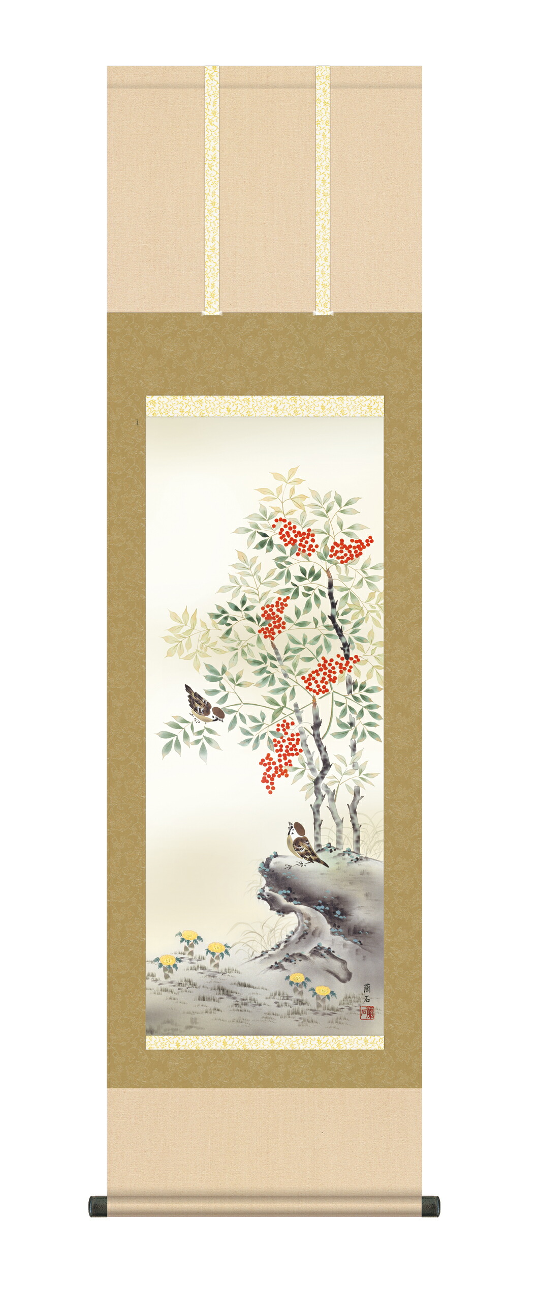 花鳥画 掛け軸 掛軸 かけじく【花鳥画】南天福寿（高見 蘭石）【尺三】 冬掛け 雀 南天 商品画像