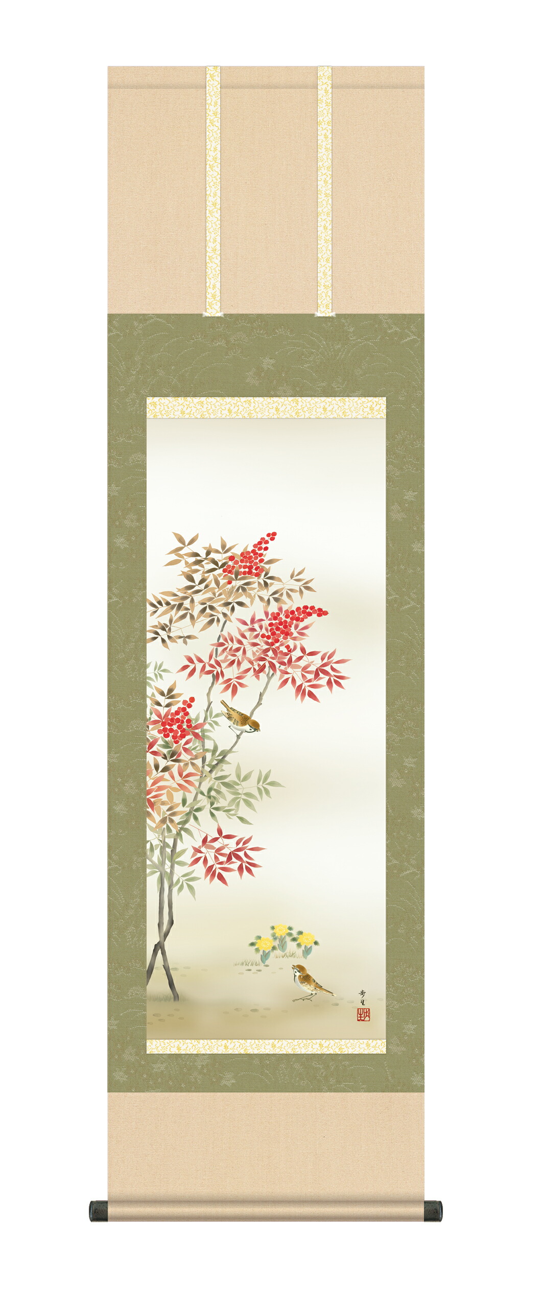 花鳥画 掛軸【花鳥/尺三】南天福寿 北山 歩生(三美会) 冬掛け 南天 雀 商品画像