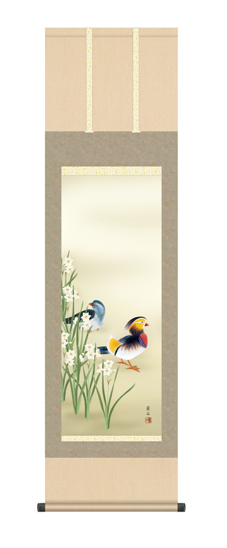 花鳥画 掛け軸(掛軸)【尺三幅】 鴛鴦（おしどり）(高見 蘭石) 冬 オシドリ