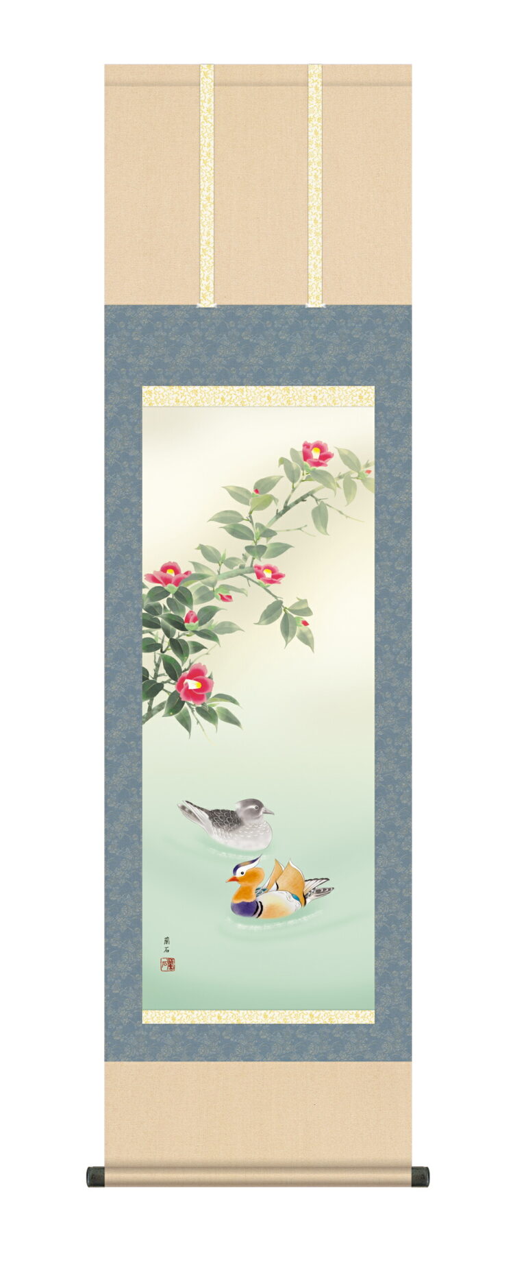 花鳥画 掛け軸(掛軸)【尺三幅】 鴛鴦（おしどり）(高見 蘭石) 冬 オシドリ