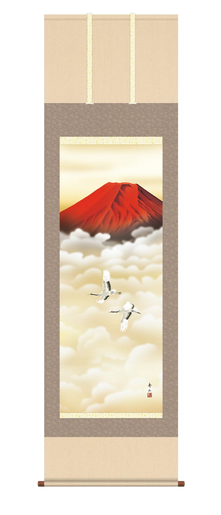 富士山 掛軸【富士/尺五】赤富士双鶴（鈴村 秀山） アカフジ 鶴