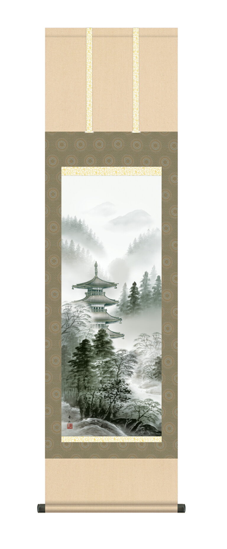 山水画 掛け軸 掛軸 年中掛け水墨塔景(鈴村秀山)【尺三幅】
