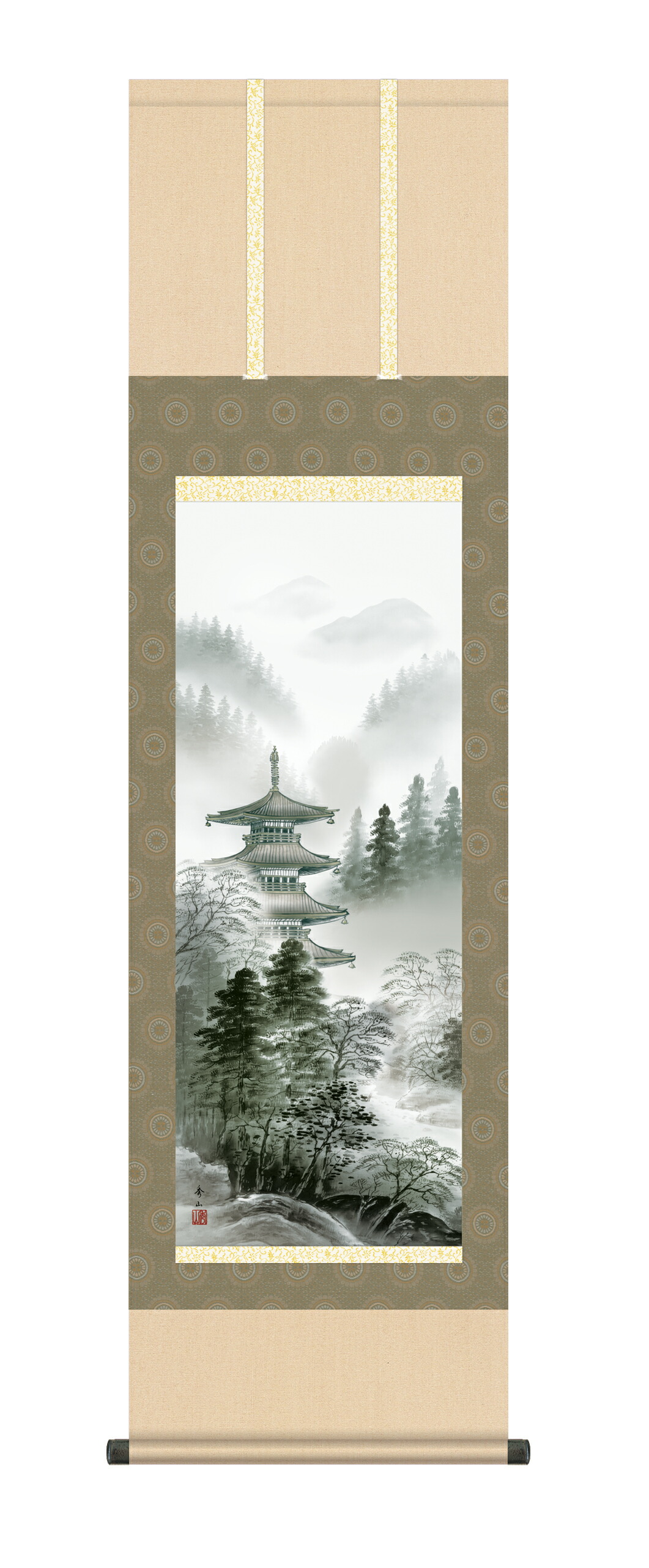 山水画 掛け軸 掛軸 年中掛け水墨塔景(鈴村秀山)【尺三幅】 商品画像