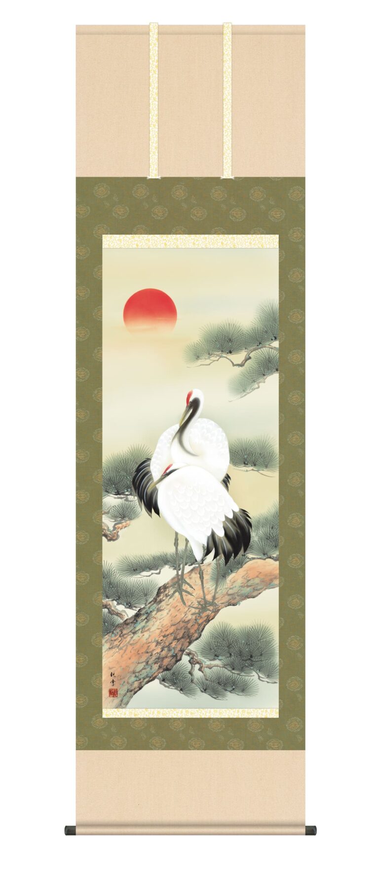 鶴亀 掛軸【鶴亀】松上双鶴（山村 観峰）掛軸（かけじく）