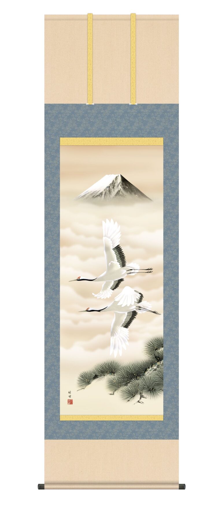 鶴亀 掛け軸/掛軸【鶴/尺五】富岳飛翔 田村 竹世(三美会)【洛彩緞子本表装】