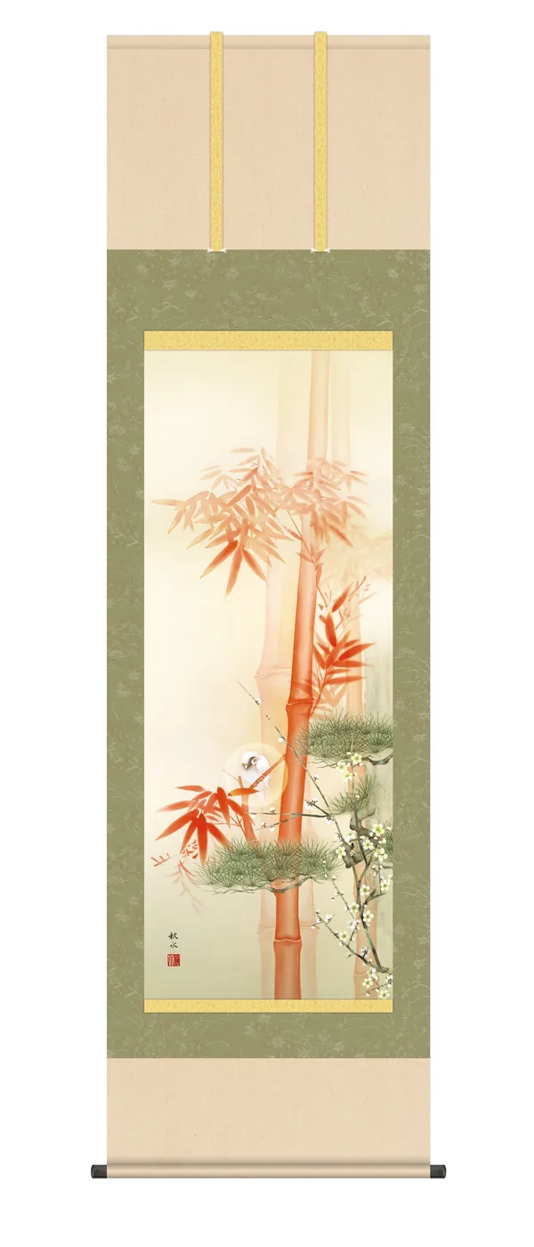 開運画 【掛け軸／掛軸／かけじく／縁起画】吉祥白雀図（浮田 秋水） 松竹梅 歳寒の三友