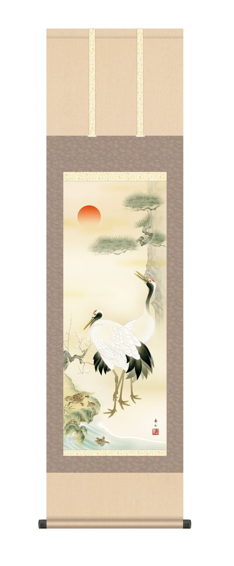 鶴亀 掛け軸(掛軸)【尺三幅】松竹梅鶴亀（鈴村 秀山）