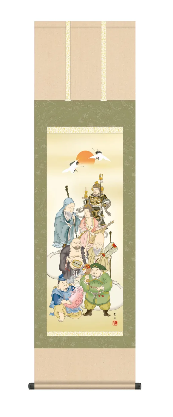 七福神 掛軸 【慶祝画】七福神（緒方 葉水）【尺三幅】 商売繁盛 慶事 正月