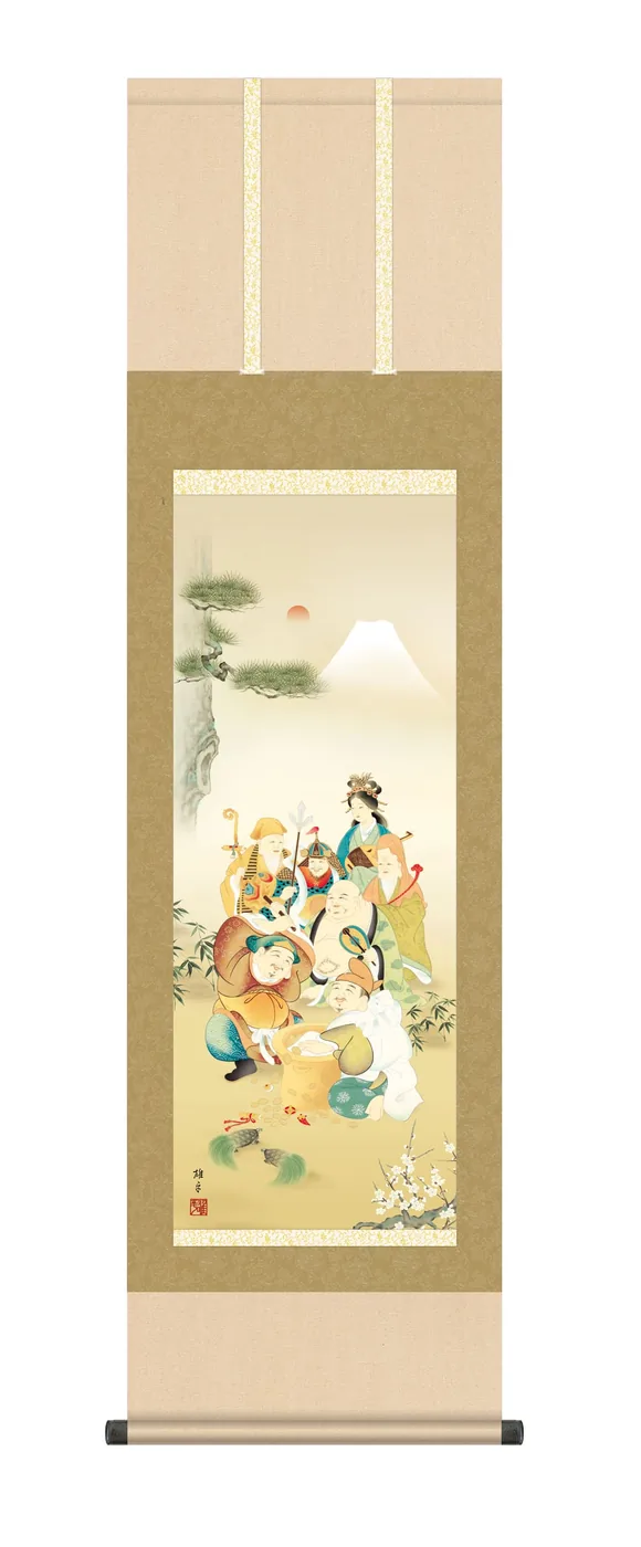 七福神 掛軸 【慶祝画】七福神（鵜飼 雄平）【尺三幅】 慶事 正月 商売繁盛