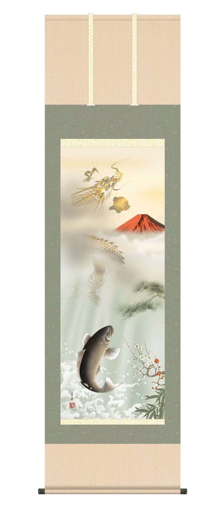 虎・龍 掛軸【縁起開運】紅峰登龍門乃図（こうほうとうりゅうもんのず）（石田 芳園） 家運隆盛 開運 龍 …