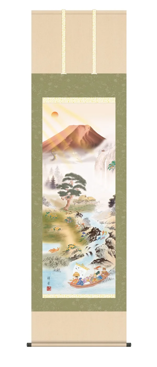 開運画 掛軸【開運画】開運万全図（かいうんばんぜんず）（山本 祥園）【尺三】 開運 赤冨士 鷹 茄子 四…
