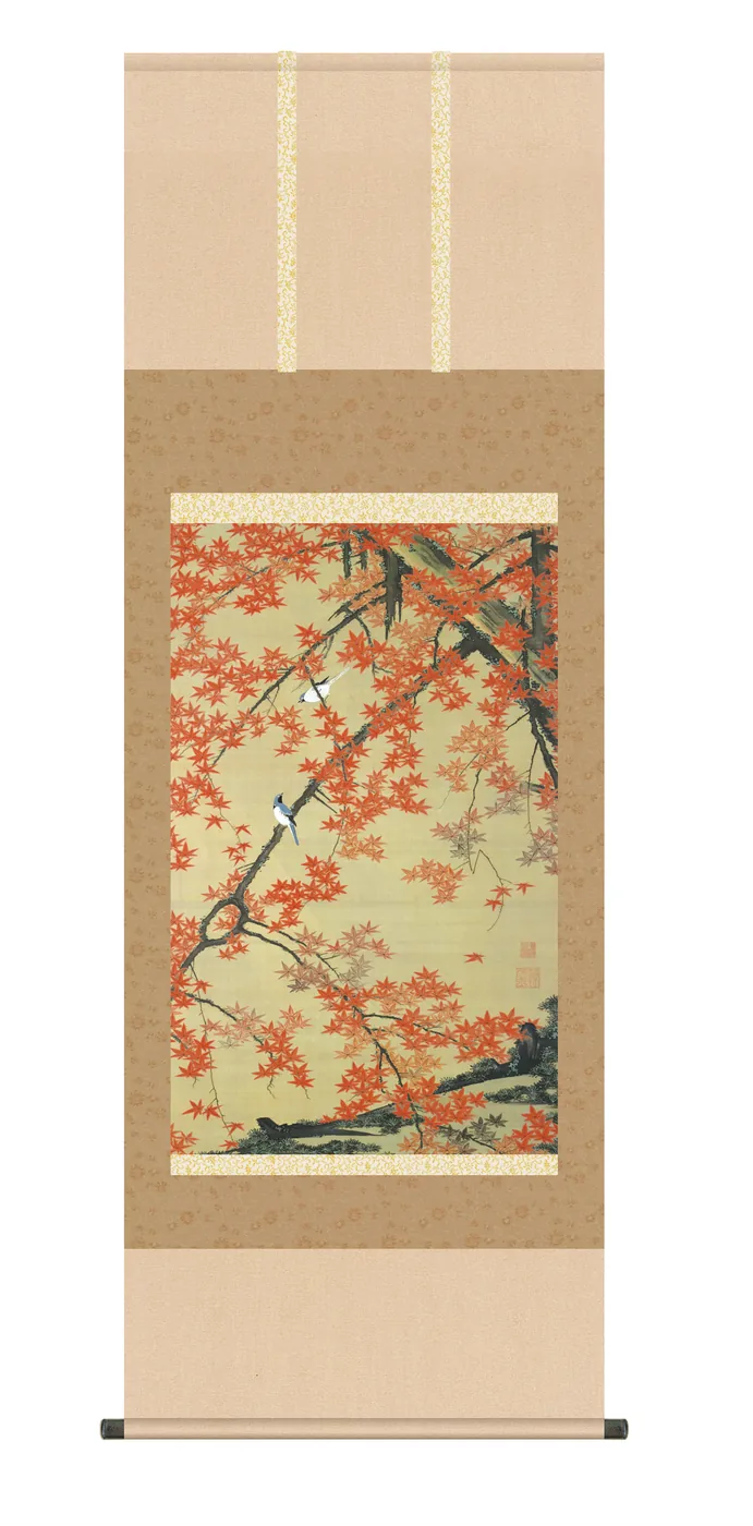 その他 掛け軸(掛軸)【尺五】紅葉小禽図（こうようしょうきんず） 名画 複製 日本製 オオルリ 紅葉