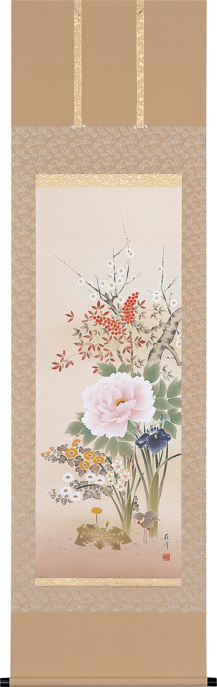 花鳥画 掛軸 四季花（富岡 蘇峰） 年中掛け 牡丹