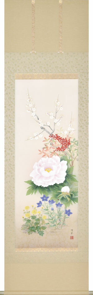 花鳥画 掛け軸 四季花(鈴木優莉) 年中掛け 春夏秋冬 牡丹 桜 商品画像