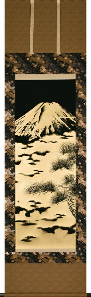 富士山 掛け軸 黄金富士(奥田久志)太巻桐箱収納 富士山 世界遺産 本金 松