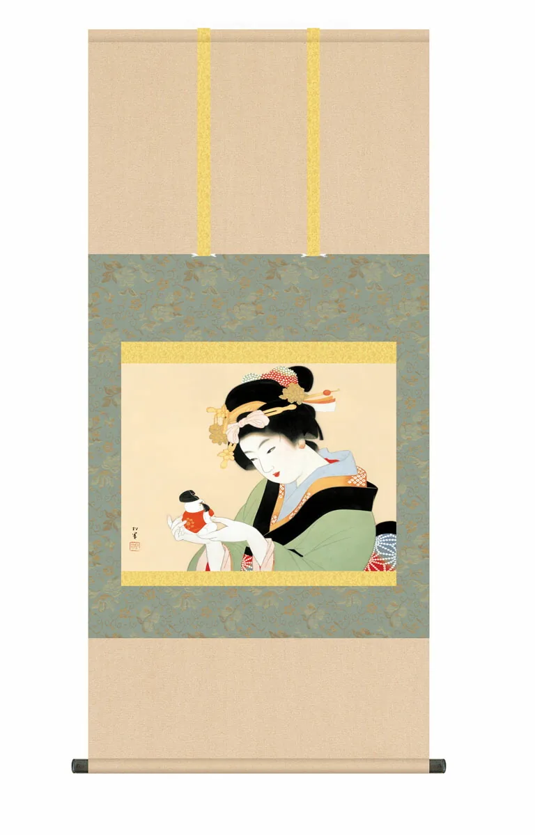 その他 掛け軸【尺五】 御所人形（ごしょにんぎょう）（上村松園）【複製】 床の間 モダン 巨匠 名作 和…
