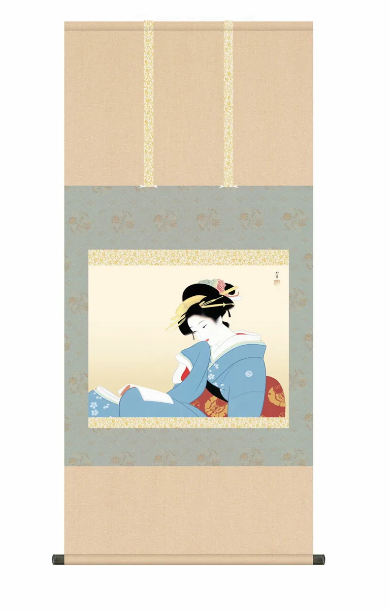 その他 掛け軸【尺五】 つれづれ（上村松園）【複製】 床の間 モダン 巨匠 名作 和室 名画 複製画 日…