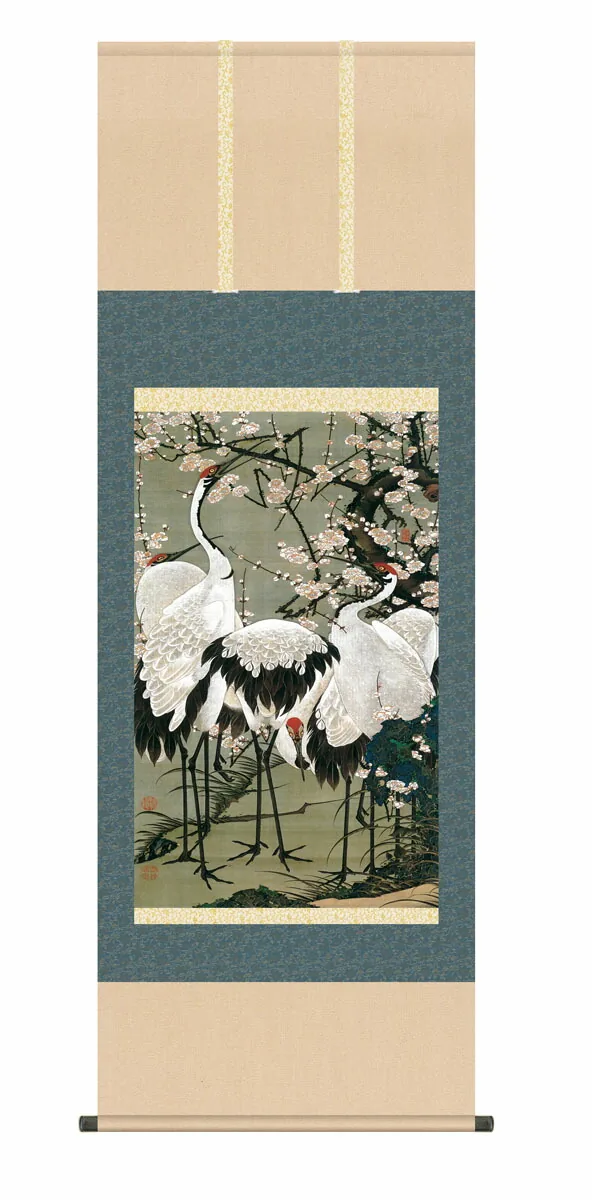 その他 掛け軸(掛軸)【尺五】 梅花群鶴図（ばいかぐんかくず）（伊藤若沖）【複製】 床の間 モダン 巨匠…