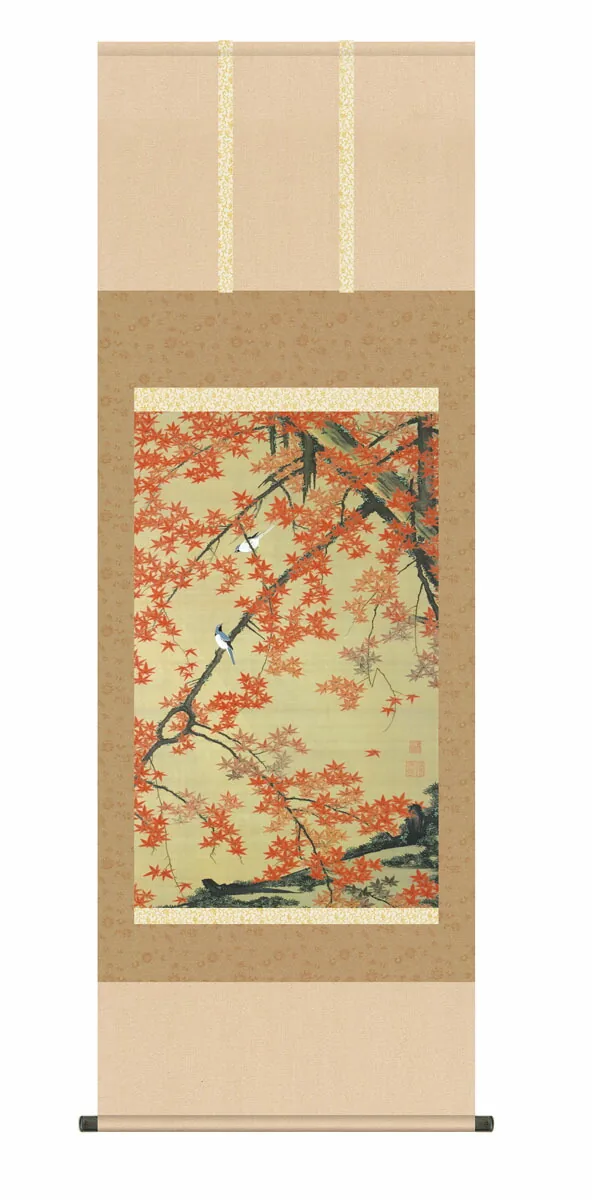 その他 掛け軸【尺五】 紅葉小禽図（こうようしょうきんず）（伊藤若沖）【複製】 床の間 モダン 巨匠 名…