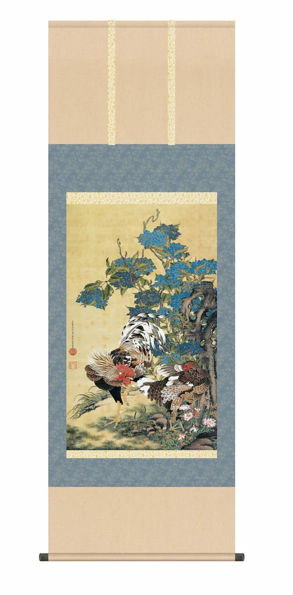 その他 掛け軸【尺五】 紫陽花双鶏図（あじさいそうけいず）（伊藤若沖）【複製】 床の間 モダン 巨匠 名…