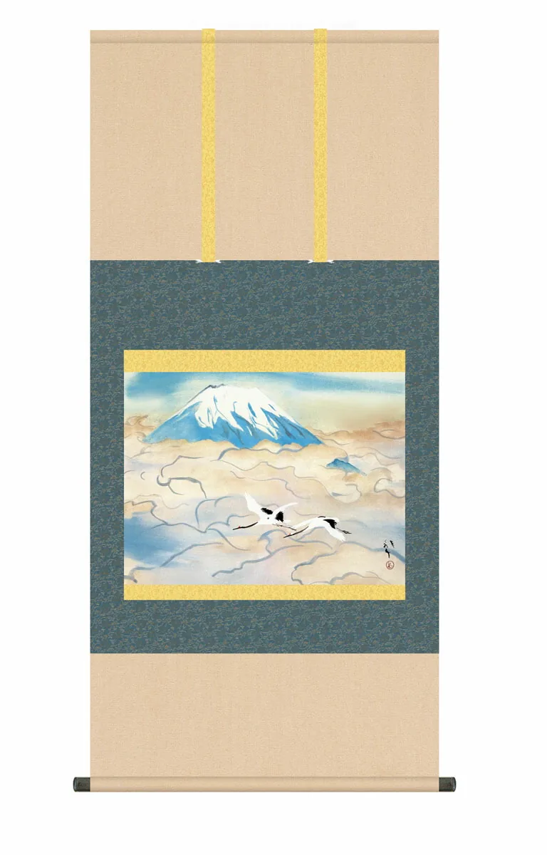 その他 掛け軸【尺五】 舞鶴図（川端龍子）【複製】 名画 複製 日本製 川端 龍子 鶴 富士山