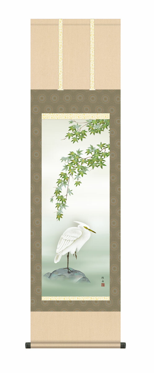 花鳥画 掛け軸 (掛軸)【尺三幅】楓に白鷺(長江桂舟) 夏 しらさぎ 楓 商品画像