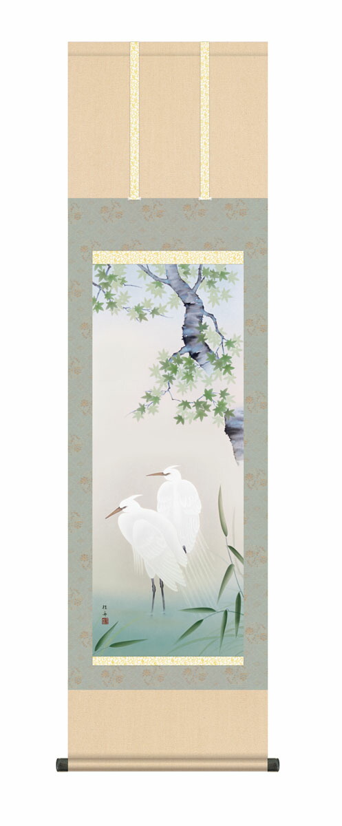 花鳥画 掛け軸 (掛軸)【尺三幅】楓に白鷺(長江桂舟) 夏 しらさぎ 楓 商品画像