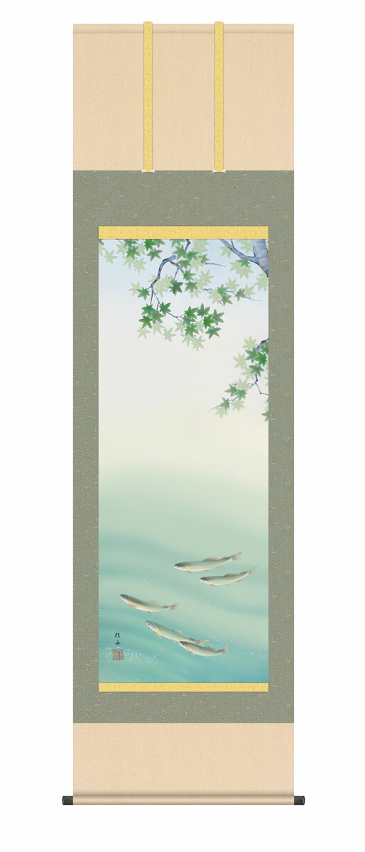 花鳥画 掛軸【夏】楓に鮎（長江 桂舟） 尺五 高さ190×幅54.5cm 床の間 モダン 和室 掛物 贈…