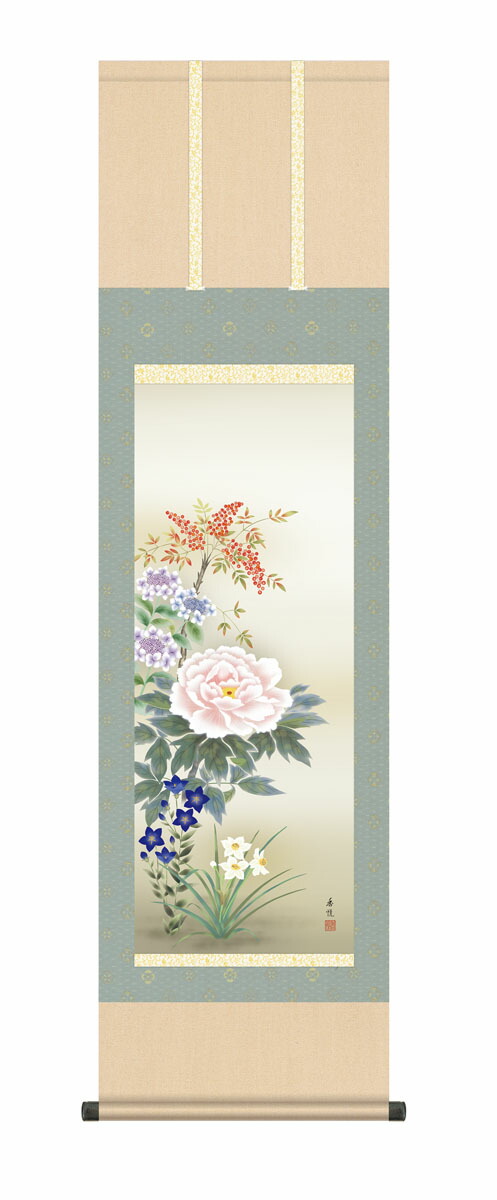 花鳥画 掛け軸 掛軸 【尺三幅】【花鳥画】四季花（西尾 香悦）年中掛け 牡丹 吉祥花 床の間 和室 モダ… 商品画像
