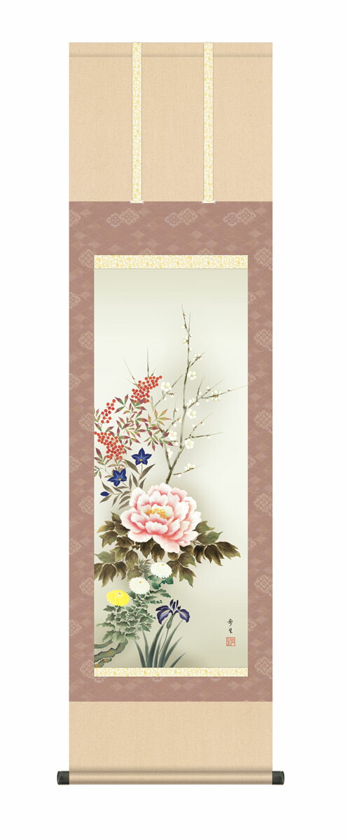 花鳥画 掛け軸【花鳥】四季花（北山 歩生）尺三 高さ164×幅44.5cm 床の間 モダン 和室 掛物 … 商品画像