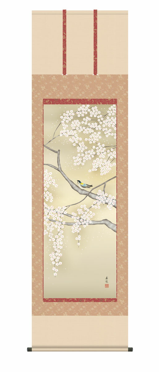 花鳥画 掛け軸 掛軸 花鳥画桜花に小鳥 西尾 香悦(三美会) 春掛け 春飾り 桜 鳥 床の間 和室 モダ…