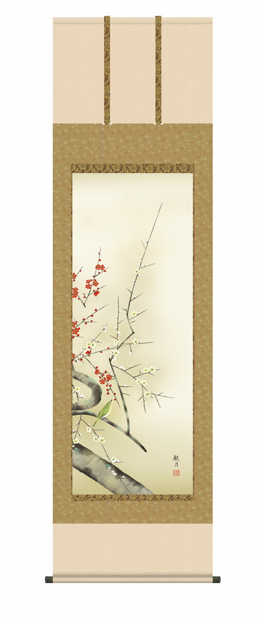 花鳥画 掛け軸【春掛け】紅白梅に鶯（森山 観月） 尺五立 高さ190×幅54.5cm 春掛け 春飾り 紅…