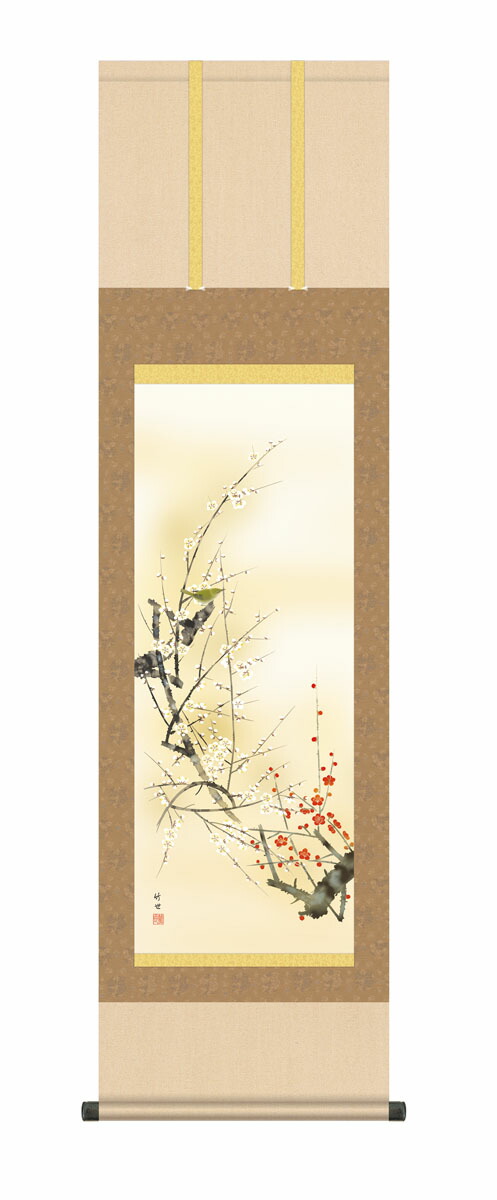 花鳥画 掛け軸 掛軸 かけじく 花鳥画 春掛け紅白梅に鶯（田村 竹世） 尺三幅 春掛け 春飾り 紅白梅 … 商品画像