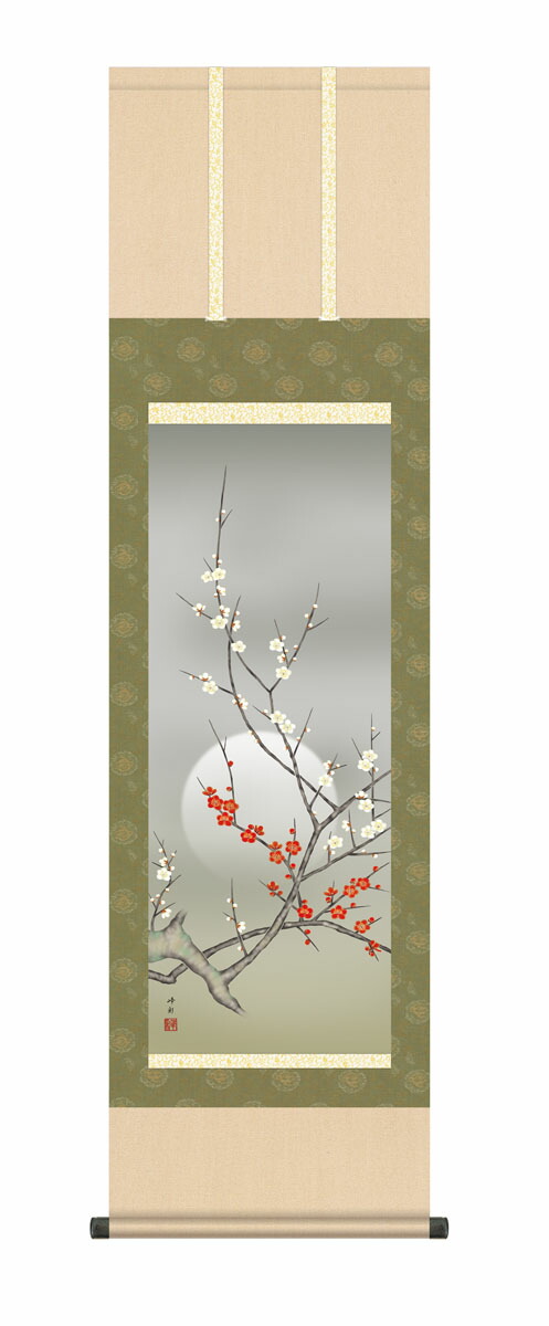 花鳥画 掛け軸 掛軸 かけじく 花鳥画 春掛け朧月紅白梅（園田 峰彩） 尺三幅 春掛け 春飾り 紅白梅 … 商品画像