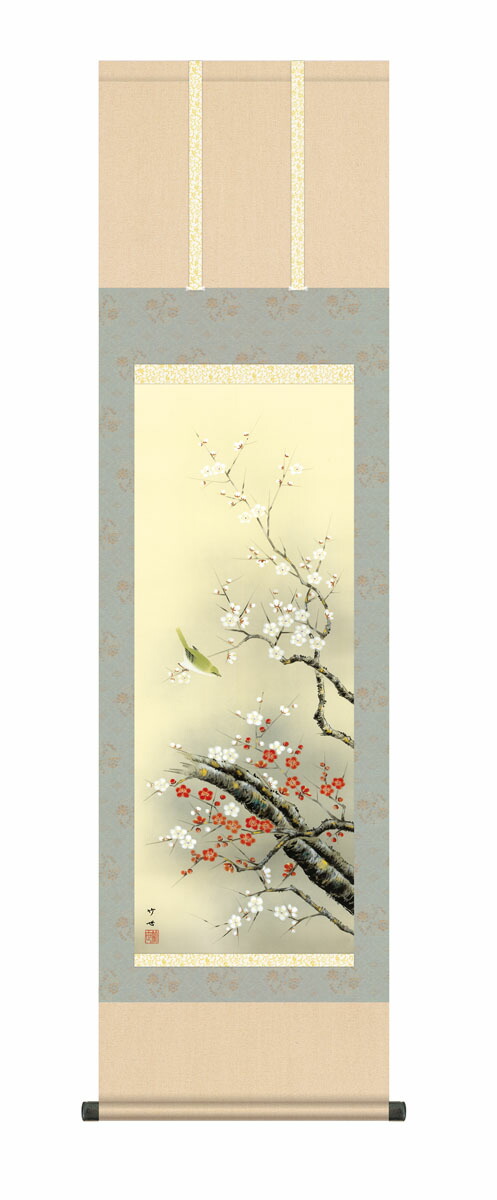 花鳥画 掛け軸 掛軸 かけじく 花鳥画 春掛け紅白梅に鶯（田村 竹世） 尺三幅 春掛け 春飾り 紅白梅 … 商品画像