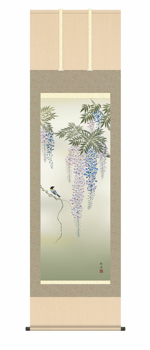 花鳥画 掛け軸 掛軸 かけじく【花鳥画】藤花に小鳥（長江 桂舟）尺五 高さ190×幅54.5cm 春掛け…