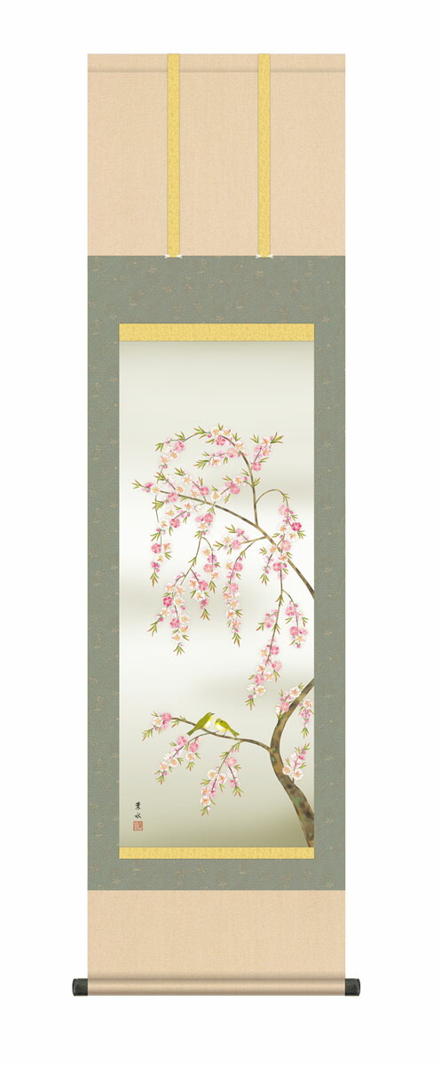 花鳥画 【掛け軸／掛軸／花鳥画】桃花に小鳥（緒方 葉水）春掛け 春飾り 桃 桃の節句 お雛様 床の間 和… 商品画像