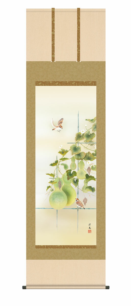 花鳥画 掛軸／かけじく【花鳥画】 六瓢（打田 洋美）夏掛け 夏飾り 瓢箪 ひょうたん 無病息災 健康長寿…