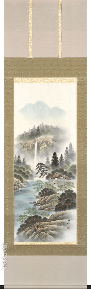 山水画 掛け軸 彩色山水(保母 一峰)年中掛け・新築祝い