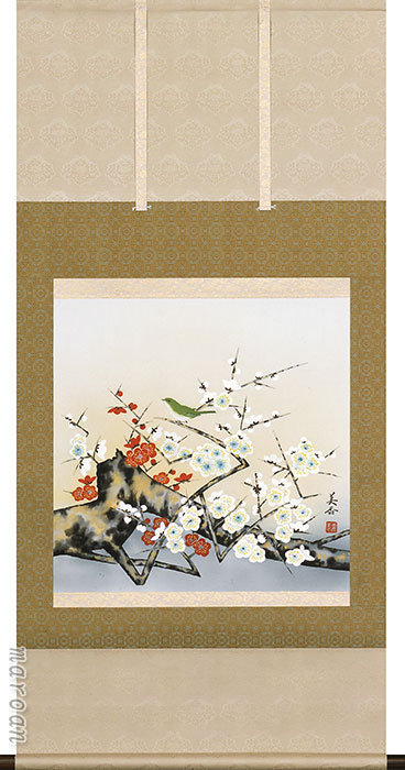 花鳥画 期間限定 厳選お買い得掛け軸掛け軸／掛軸 紅白梅に鶯（鈴木 美香）