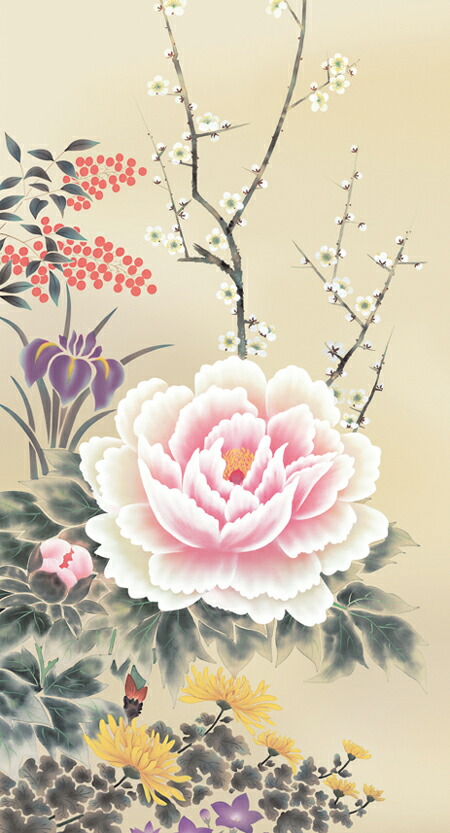 花鳥画 掛け軸 モダン 掛軸 おしゃれ かけじく 花鳥 年中掛け四季花（山村 観峰）尺三164cm送料無… 商品画像