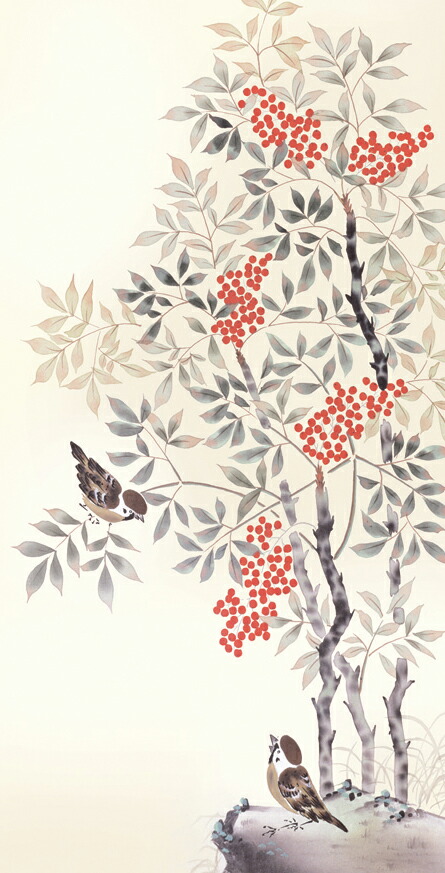 花鳥画 掛け軸 掛軸 かけじく【花鳥画】 南天福寿（高見 蘭石）【尺三】 商品画像