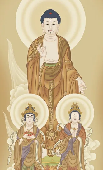 阿弥陀三尊 【掛け軸／掛軸／阿弥陀】阿弥陀三尊佛（高見 蘭石） 【尺三】 商品画像