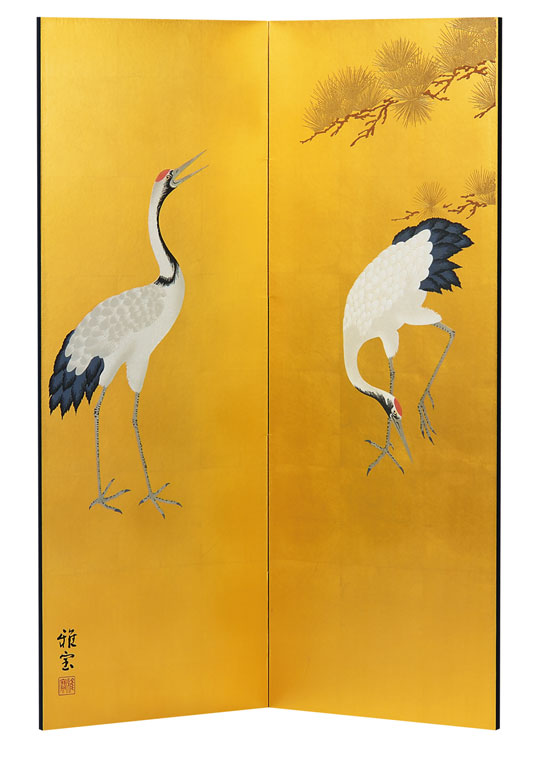金屏風 【肉筆美術金屏風】野口雅宝作 金彩大鶴絵二曲屏風【全国送料無料】