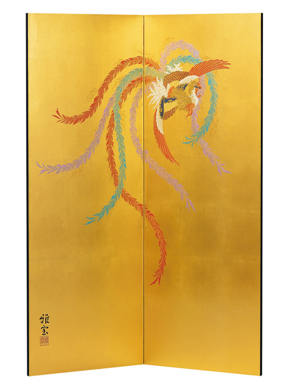 金屏風 【肉筆美術金屏風】野口雅宝作 金彩鳳凰絵二曲屏風【全国送料無料】