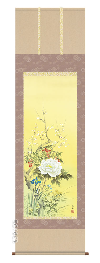 花鳥画 掛け軸 掛軸 花鳥 尺五 四季花（長江 桂舟）送料無料 代引手数料無料