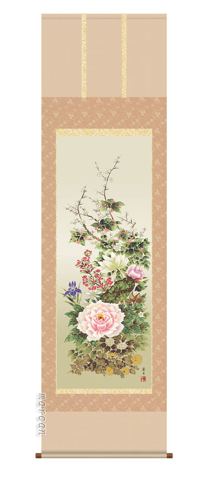 花鳥画 掛け軸 掛軸 花鳥画四季花（吉井 蘭月）送料無料 代引き手数料無料