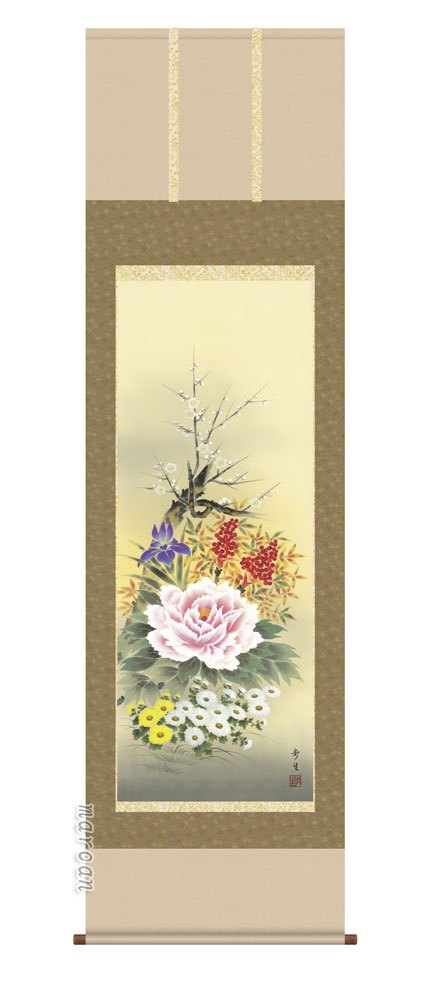 花鳥画 掛け軸 掛軸 花鳥画/尺五四季花（北山 歩生）送料無料 代引き手数料無料