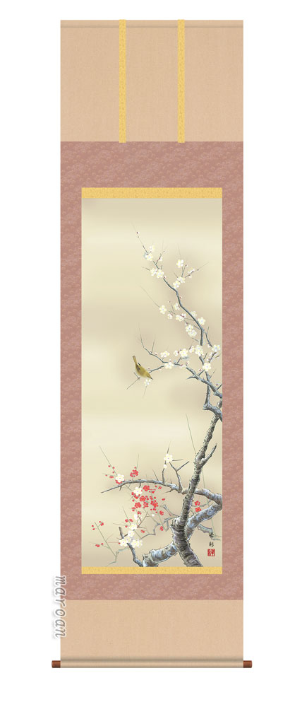 花鳥画 掛軸【春】紅白梅に鶯（園田 峰彩）
